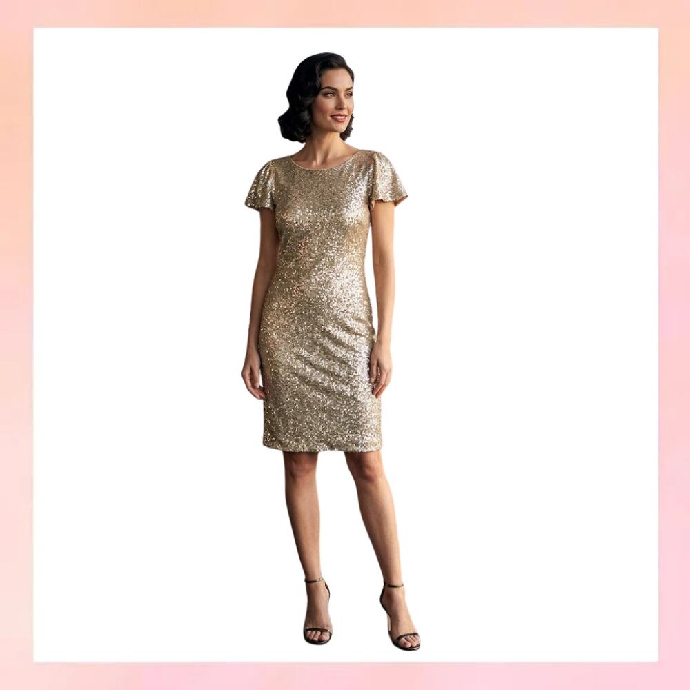Worthington Gold Sequin Mini Dress Flutter Sleeve Size Medium